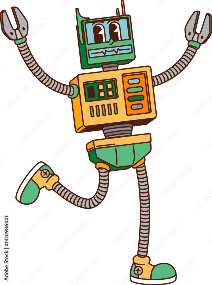 Poster cartoon groovy robot and droid character running with raised claws. vector futuristic and friendly m