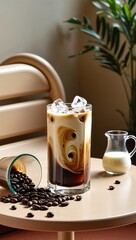  modern, minimalist layout. The central subject is a tall, rectangular glass filled with an iced coffee drink, showcasing a gradient of dark coffee swirling into creamy milk, topped with ice cubes.