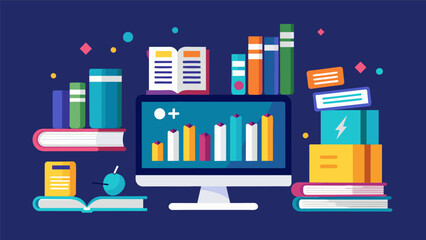 A virtual library where books are rep with data visualizations allowing users to learn and analyze while fully immersed in the information.. Vector illustration