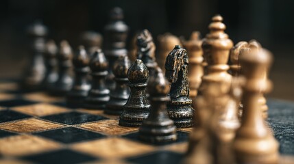 Focused view of a chessboard with opposing pieces arrayed.