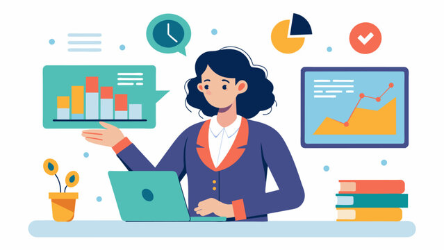 A teacher reviews realtime data from a behavioral tracking system to identify potential issues and adapt her teaching strategies to better support her students.. Vector illustration