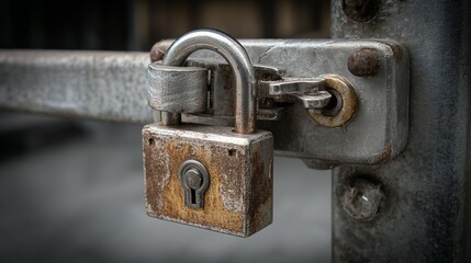Rusted padlock secures a metal gate.