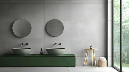 Modern Minimalist Concrete Bathroom with Green Vanity