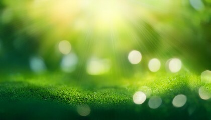Blurred green background with bokeh lights and sun rays