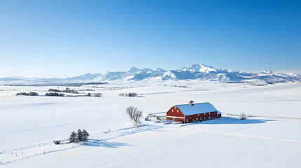 Snowy Plains Landscape With Red Barn And Snowy Mountains