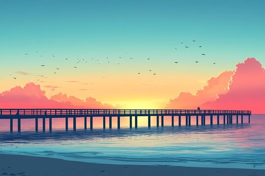 Fototapeta Serene Ocean Pier Sunset. Vibrant Coastal Landscape with Soft Waves and Colorful Clouds