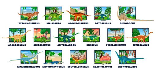 Prehistoric dinosaurs and cartoon lizards species with names, vector paleontology animals collection. Prehistoric dinosaurs, giant reptiles and lizards set of Jurassic, Mesozoic and Cretaceous era © Vector Tradition