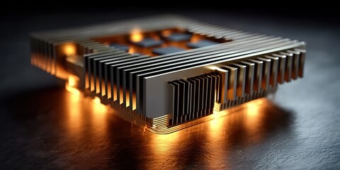 A high-tech circuit board with glowing components and a heatsink symbolizes advanced electronics. Used in tech ads or engineering guides, it represents innovation, computing power