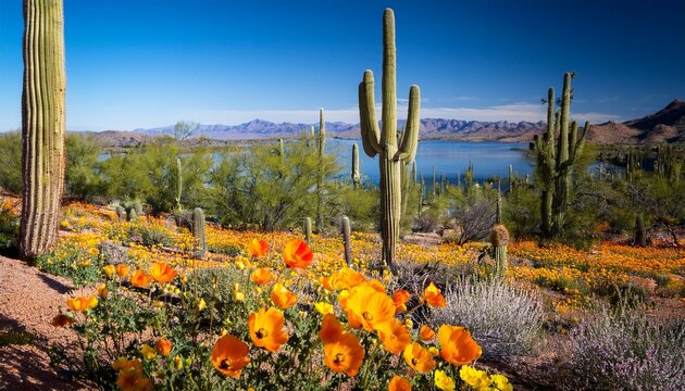 Desert globe mallow and saguaro cactus   super bloom above Roosevelt Lake