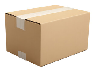 Cardboard box sealed with white tape on a transparent background, packaging and shipping