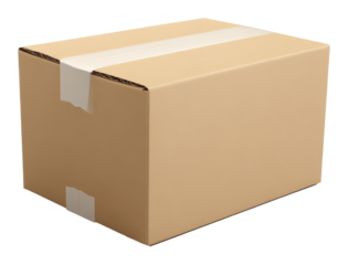 Cardboard box sealed with white tape on a transparent background, packaging and shipping