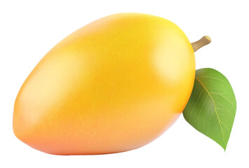 Yellow mango with green leaf isolated on transparent background. Tropical fruit concept