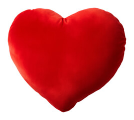 Soft red heart-shaped pillow isolated on transparent background. Romantic decor item.