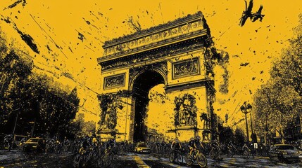 Arc de triomphe and cyclists in paris with yellow sky