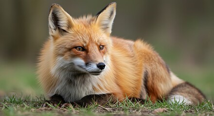 Fototapeta premium Red Fox Resting in Green Grass, Closeup Portrait
