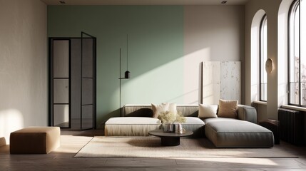 Minimal color-block interior with muted green and sand tones 