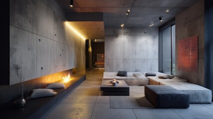 Minimal concrete home interior with raw finishes and sleek lines 