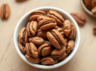 Bowl of pecans surrounded by scattered nuts on a rustic surface, showcasing the earthy texture and color