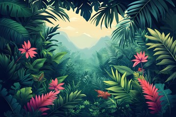 Tropical Jungle Adventure. Vibrant Foliage and Exotic Flora in a Serene Rainforest Landscape