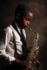 Naklejka premium A young musician skillfully plays a golden saxophone, creating beautiful melodies with passion and flair.