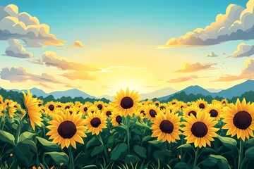 Fototapeta premium Sunflower Field Landscape at Sunset - Nature's Vibrant Beauty in Bloom