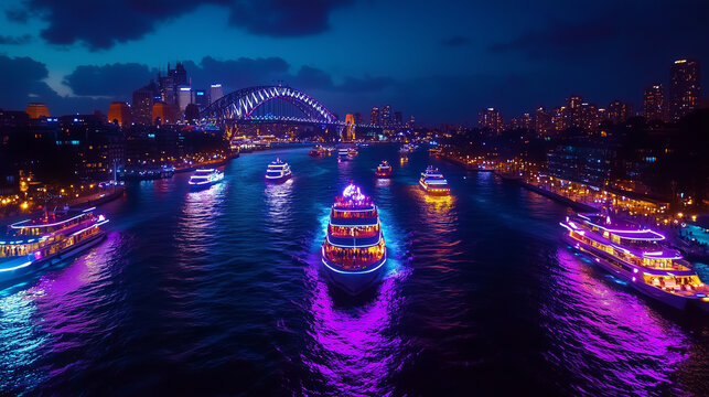 A stunning aerial view of Vivid Sydney Festival at night. Sydney skyline bathed in dazzling neon lights. The Opera House and Harbour Bridge showcasing synchronized light projections.