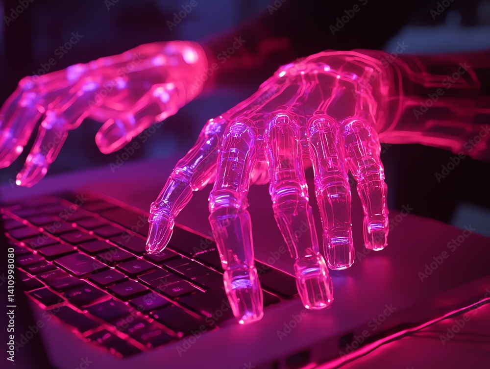 Poster glowing robotic hands type on a laptop keyboard in a dark room with neon pink lighting. perfect for 