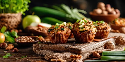 Zucchini muffins surrounded by nuts and herbs on a rustic table evoke homemade culinary charm. Perfect for food blogs, recipe books, or organic product ads