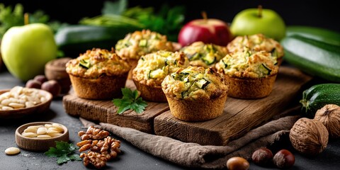 Zucchini muffins surrounded by nuts and herbs on a rustic table evoke homemade culinary charm. Perfect for food blogs, recipe books, or organic product ads