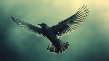 Obraz premium A solitary bird soars gracefully against a canvas of muted, teal-tinged sky