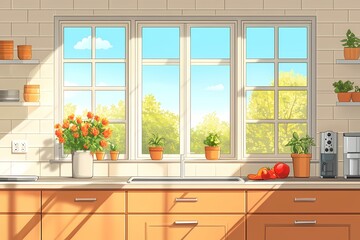 Fototapeta premium Urban Kitchen Interior Design. Bright & Colorful Decor with Natural Light and Vibrant Plant Detailing