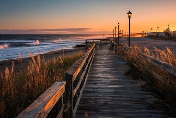 Obraz premium A sunset-lit boardwalk between sea and streetlamps merges coastal charm with urban planning. Ideal for travel guides, romantic visuals, or infrastructure projects