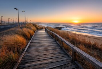 Fototapeta premium A sunset-lit boardwalk between sea and streetlamps merges coastal charm with urban planning. Ideal for travel guides, romantic visuals, or infrastructure projects