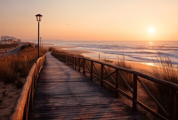 Fototapeta premium A sunset-lit boardwalk between sea and streetlamps merges coastal charm with urban planning. Ideal for travel guides, romantic visuals, or infrastructure projects