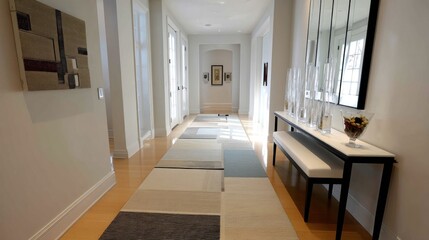 Minimalist entry hallway with neutral runners and sleek console  