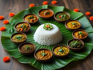 Traditional South Indian vegetarian thali served on a banana leaf with a central mound of rice and assorted colorful curries in clay bowls, garnished with coriander and flowers
