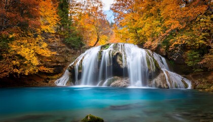 Obraz premium autumn landscape with yellow trees and long exposure waterfall