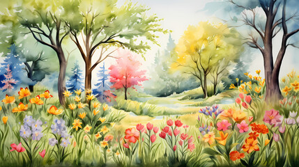 watercolor spring flowers and trees illustration background poster decorative painting
