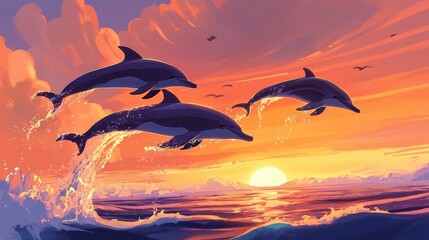 Dolphins leaping gracefully over the sunset ocean.