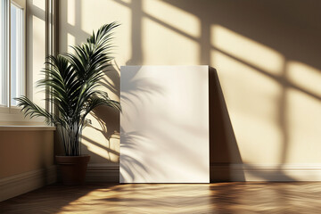 Sunlight streaming through windows highlights a plant and a blank canvas in a serene indoor setting
