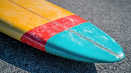 A colorful surfboard is resting on a textured surface