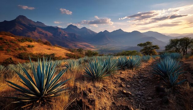Agave fields under mountainous skies symbolize sustainable agriculture. Used in tequila branding, eco-tourism, or desert ecology content, it merges rugged landscapes with human cultivation