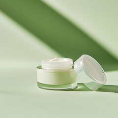 Modern cosmetic cream jar mockup with a minimalist design and soft green background