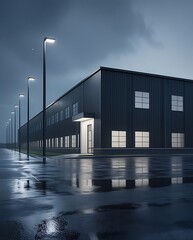 Obraz premium Modern industrial warehouse building with exterior lighting reflecting on a wet asphalt surface under a dark, cloudy sky at night, ideal for logistics or architectural concepts 