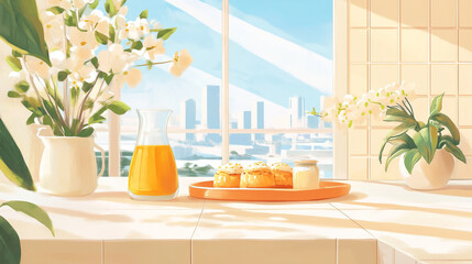 Bright kitchen table setting with freshly baked pastries and refreshing juice in a sunny atmosphere