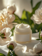 Mockup of a cosmetic cream jar with delicate peony flowers