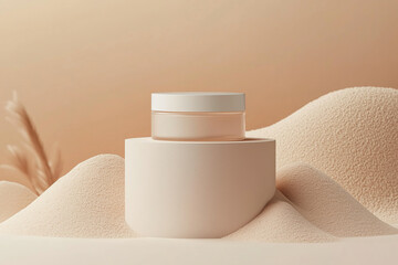 Cosmetic cream jar mockup displayed on minimalistic sand-like background with soft colors