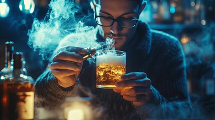 A man meticulously crafting a whiskey cocktail, infused with vaporous smoke.