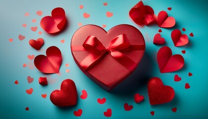 gift wrapped in red ribbons and hearts on a pink