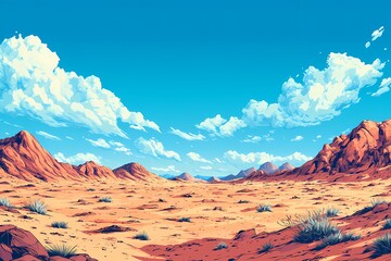 Naklejka premium Scenic Desert Landscape Illustration. Vibrant Colors and Arid Terrain in Anime Style